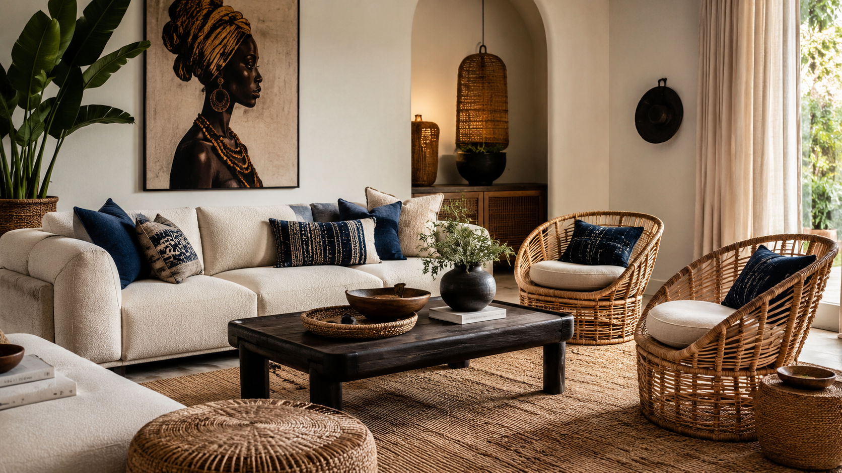 Modern African boho living room featuring sculptural rattan chairs, cream sofa and dark wood accents